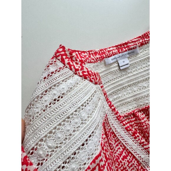 DVF DIANE VON FURSTENBERG Gaylen Red Silk Cotton Lace Trim Tunic Blouse, Size 10 - Picture 8 of 14